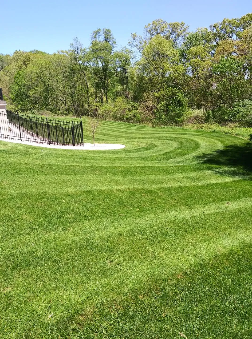 Curved mowing stripes sweeping around a landscaped stone circle and black fence on a sloped yard